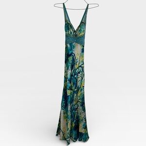 Designer Morrell Maxie Silk Maxi Dress Beaded Formal Gown Open Criss Cross Back